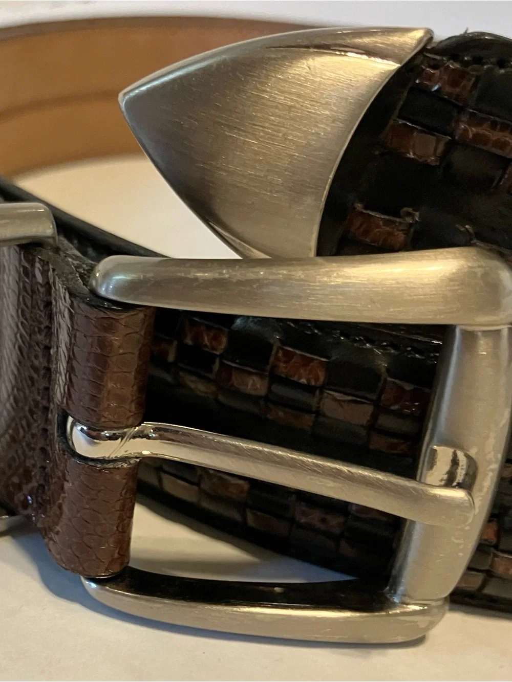 Men's Johnson & Murphy Brown Woven Lizard Belt leather Silver Buckle Sz 36 Spain